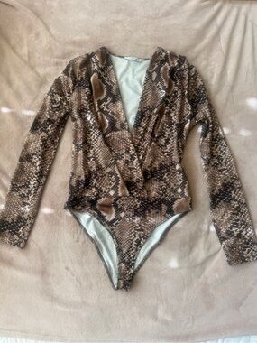 Zara Brown & Black Snake-Print Open Wrap Bodysuit M